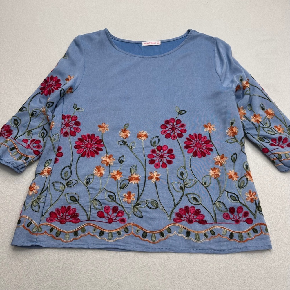 Ana & Rose Blouse Top Blue Floral Embroidered Boho Garden Summer Women's Size M - Picture 2 of 9